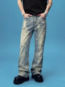 Men's Embroidered Denim Jeans, Micro Flare Pants, Letter Text Stitched, Y2K Stackable, Washable, All-Season Wear