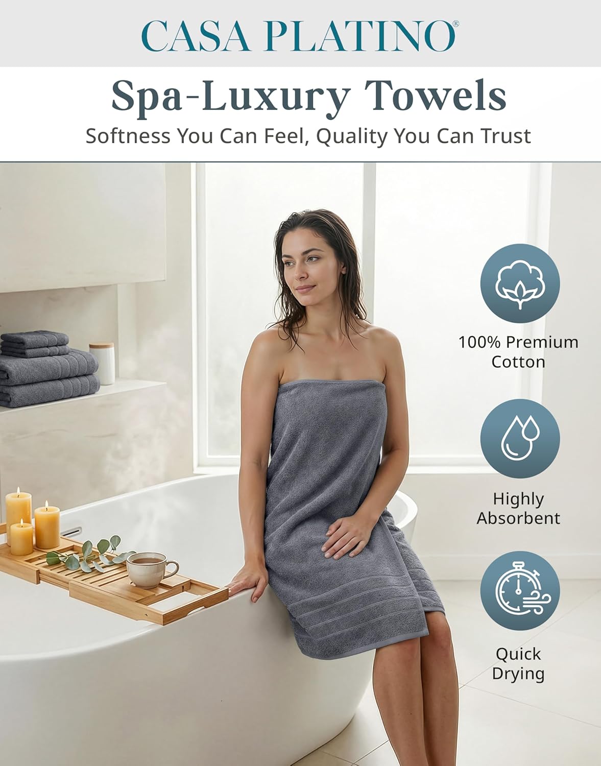 100% Cotton Towels Set for Bathroom - 12 Pc Family Pack - Super Soft & Quick Dry - 4 Bath, 4 Washcloth, 4 Hand Towels - Oeko TEX Certified, Machine Washable & Durable - Cool Grey