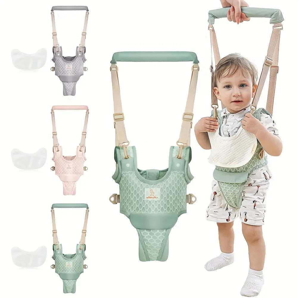A Breathable Four-Season Baby Walking Harness for Infants, Suitable for Summer Use, Designed for Helping Babies Learn to Walk. It Includes a Vest-Style Carrier, Handheld Walking Assistant, And Safety Belt for Toddlers, Available in Pink, Green, And Purple