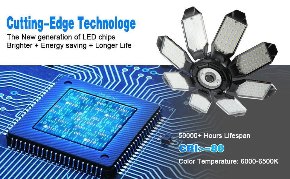 Led Garage Light - 200W 20000LM Super Bright 6500K Garage Lights Ceiling Led w/ 8 Adjustable Panels Compatible for E26/E27 Garage Light Socket Applicable for Workshop Barn Warehouse Attic