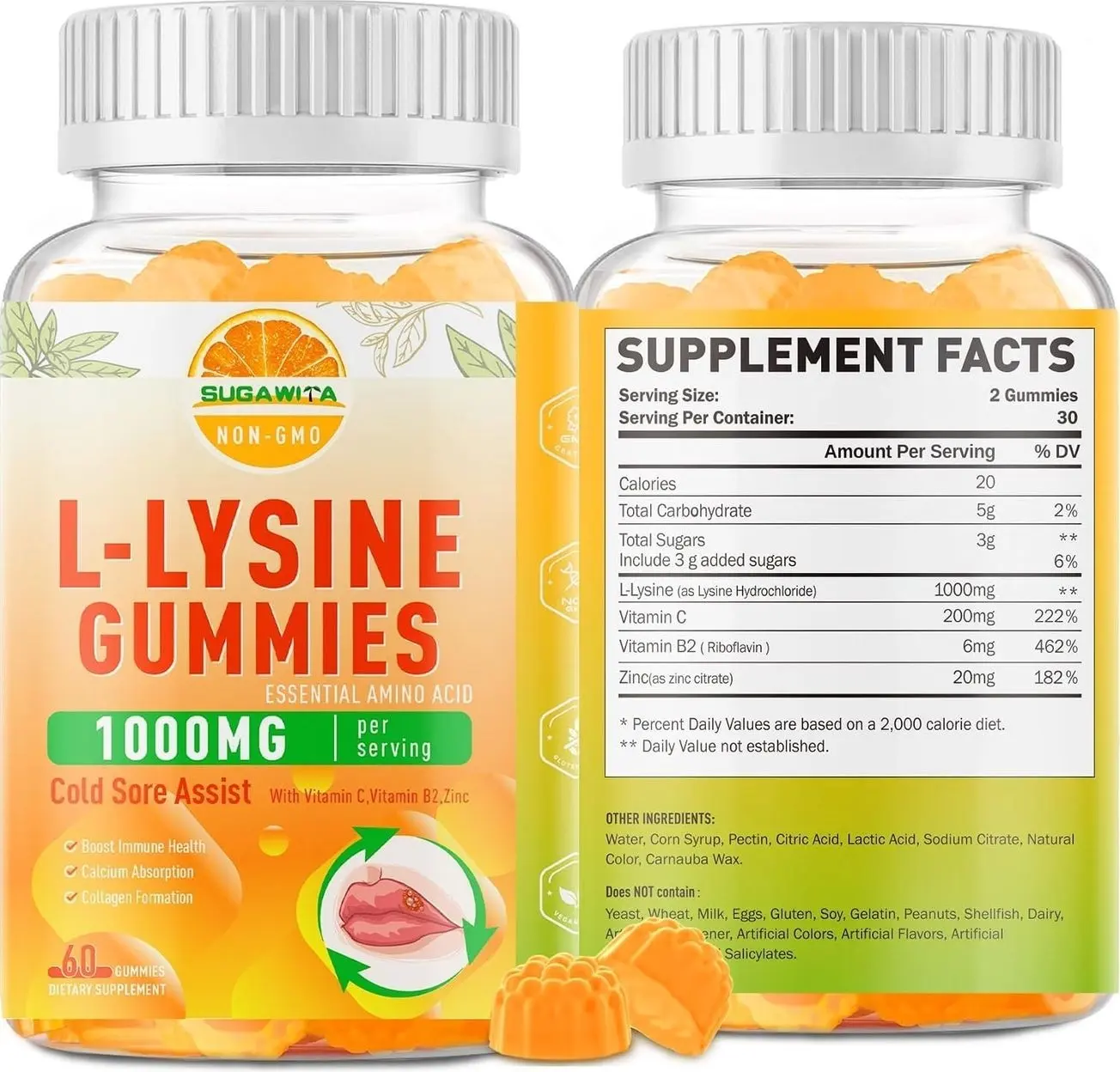 2 Packs Lysine Gummies 1000 mg, Cold Sore Treatment with Immune Support for Lips & Oral, Chewable L- Lysine Supplement for Adults & Kids, Boost Immune & Collagen, Gluten Free - 120 Counts