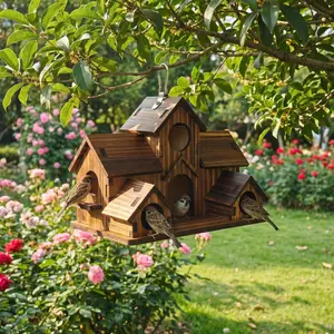 Wooden Outdoor Hanging Birdhouse, Carbonized Real Wood Multi-Chamber Nest, Garden Decoration, Outdoor Parrot Small Bird Villa Feeder Ornament，Suitable for garden, courtyard, rural villa