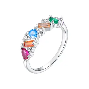 Luxury Women's Colorful Stone Ring, Premium Silver Plated Multi-Cut Zircon Band, Elegant Artisan Crafted Daily Jewelry