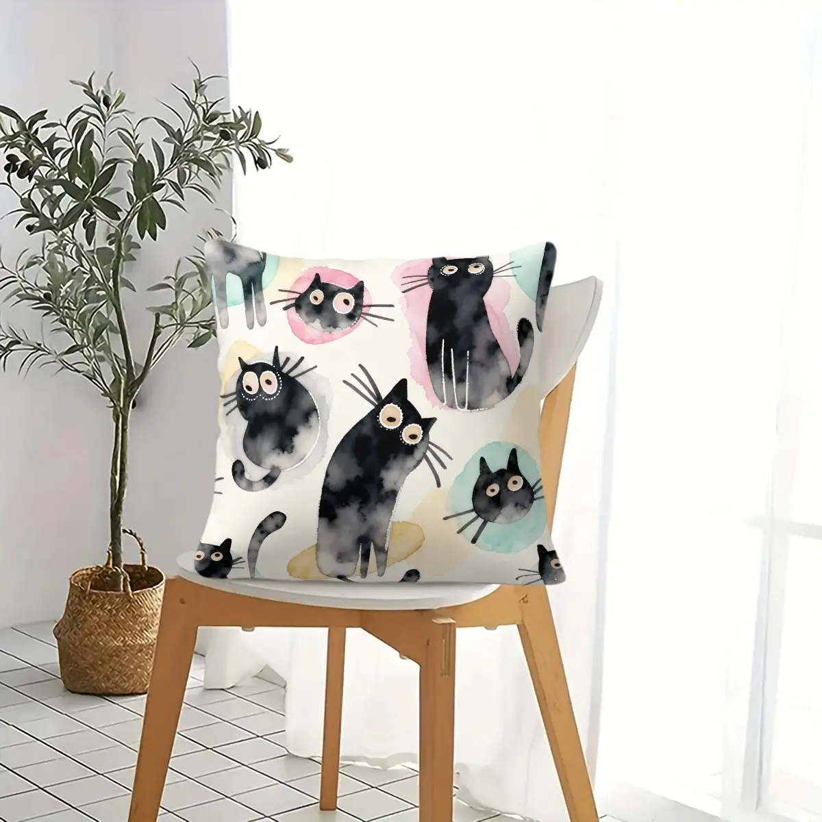 Throw Pillow Watercolor Black Cat Print Cushion With Filling, Skin-Friendly Breathable Durable, HD Print Fade Resistant, Cute Decorative Pillow for Sofa Bedroom