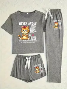 Women's Cartoon Cat Letter Print Sleepwear Set, Casual Fitted Three-Piece Pajamas, All Seasons Comfortable Nightwear, Sleep Sets