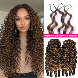 Highlight 4/27 Burmese Curly Miracle Knots Crochet Hair Extensions Boho Braids Human Hair Invis Micro Loop Feather Crochet Chocolate Brown & Honey Blonde Human Hair Extensions For Boho Braidin