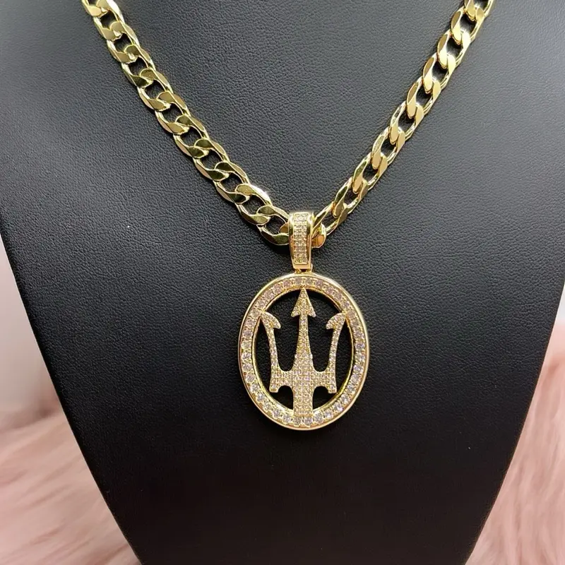 YadyFine Trident Pendan Gold Plated Chain with Rhinestone Encrusted Symbol Pendant for Men and Women