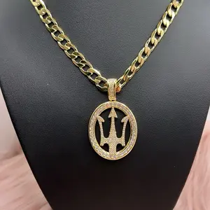 YadyFine Trident Pendan Gold Plated Chain with Rhinestone Encrusted Symbol Pendant for Men and Women