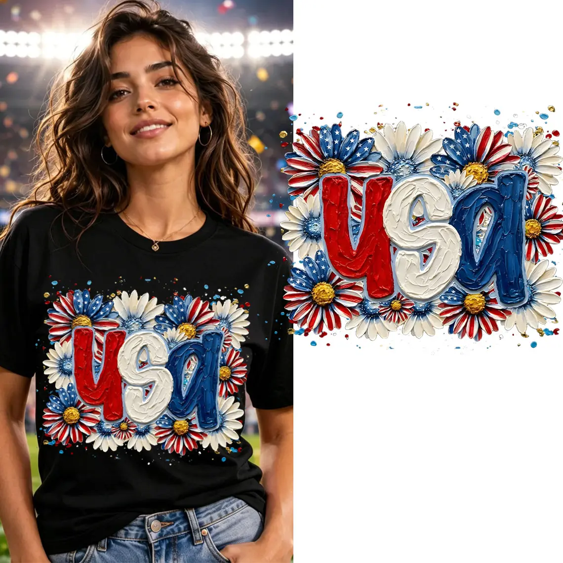 DTF Iron-On Transfer Paper DIY Kit - USA Daisy 4th Of July Colorful Design, 250 American Appliques for Clothing Merch, Lay Onto T-Shirt/Bags/Cloth, Press Firmly, Independence Day Sewing Trim Embellishment, Washable, Resists Fading, Long-Lasting