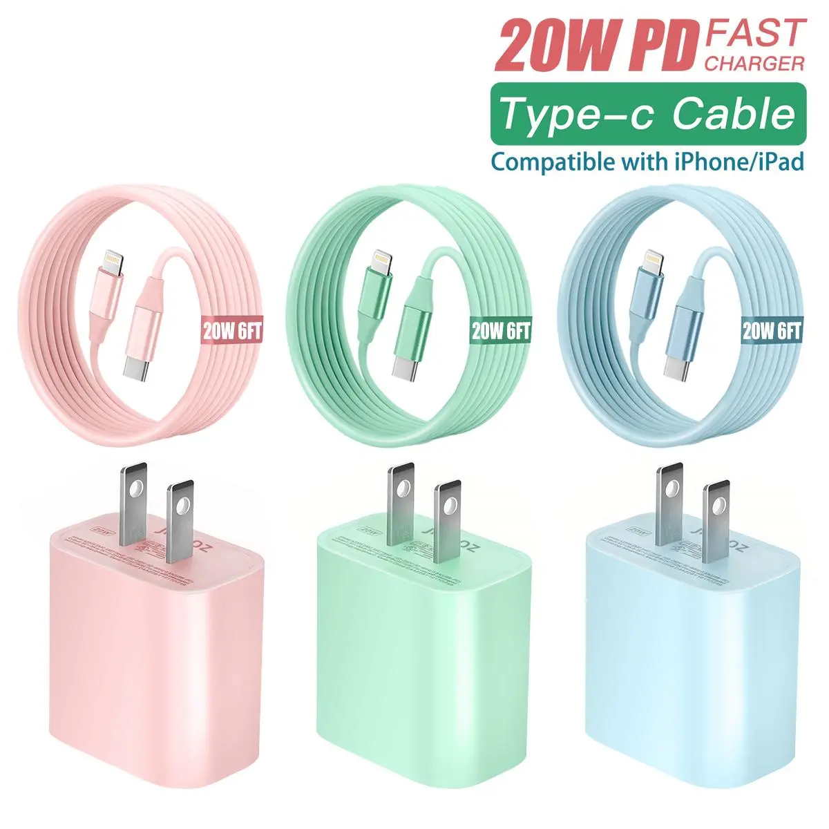 20W PD Wall Charger & 20W 6FT Fast Charging Cable Set, Quick Charge Adapter, High Speed Charger, 3 Sets Type-C Wall Charger for iPhone 14/13/12 Pro Max/12Mini/11 Pro/XR/X, Super Fast Charging, USB Fast Charge