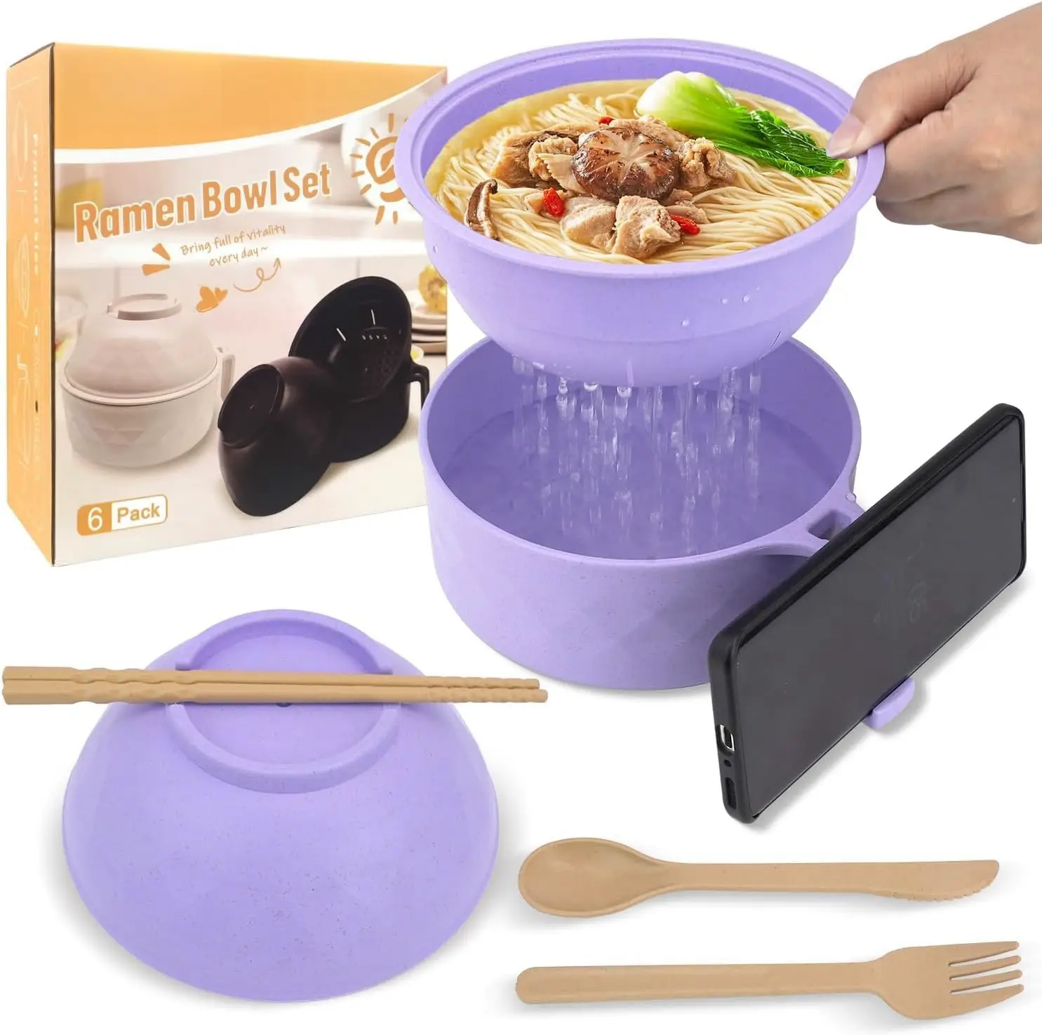 MIUVA Ramen Cooker with Microwave, Instant Cooking, Chopsticks & Spoon Included, Dishwasher-Safe, BPA-Free, 6 Pack Convenient Pp Materials