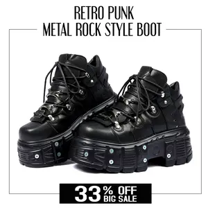 CYNLLIO Womens Ankle Boots Round Toe Platform Motorcycle Goth Boot Retro Punk Metal Rock Style U-Double Bootie Lace Up Comfy Outing Party Music Festival Motorcycle Ride Spring Chunk Shoes Gift For Her