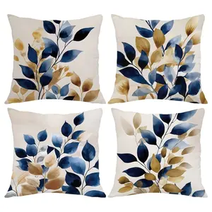 4pcs-Spring Themed Throw Pillow Covers, Blue Brown Watercolor Leaf Design, Home Decor Pillow Covers for Living Room Sofa and Bedroom, Bedroom Decorative Accessories, Suitable for Spring Decoration, Single Sided Printing, No Pillow Core