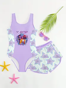 Girls' K-Pop One-Piece Swimsuit Set, Star Print Swimwear, Girls' Separated Briefs, Slim-Fitting Party Style