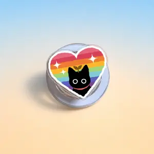 Rainbow Black Cat Phone Grip, Cute Kawaii Heart MagSafe Holder, Retro Aesthetic Acrylic Phone Stand, Kindle Grip Gift for Cat Lovers Readers