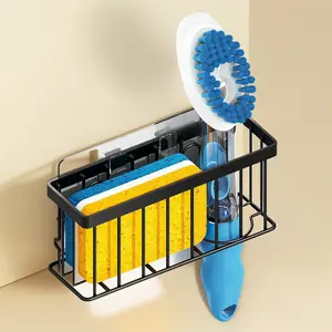 Black Sponge Holder for Kitchen Sink, Sink Caddy Organizer with Suction Cups & Adhesive Strips, Dish Scrubber and Stopper Storage Rack - Black