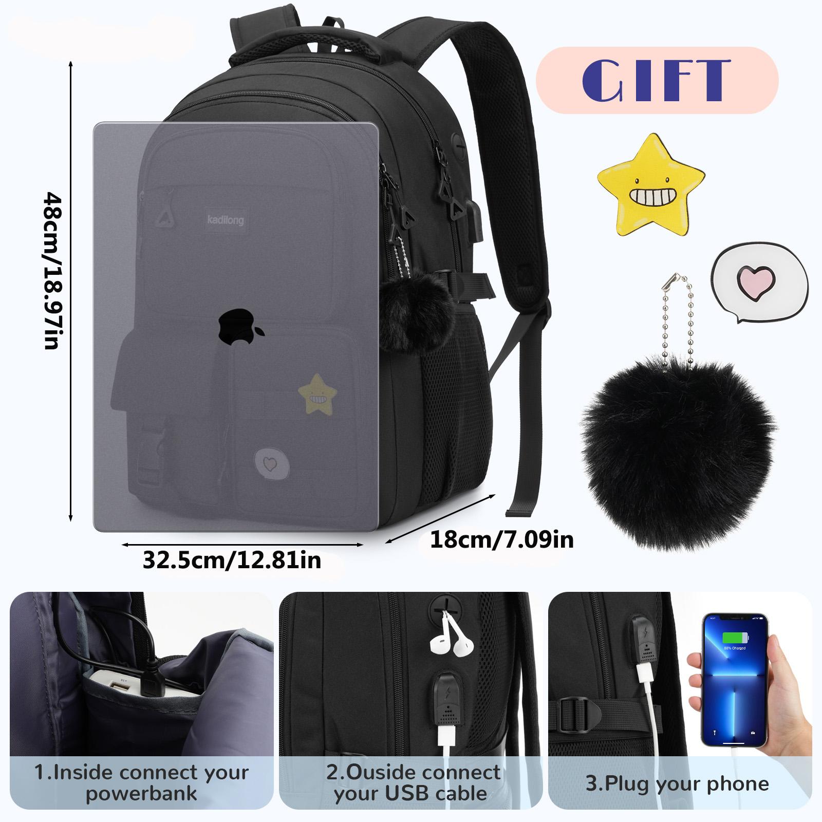 kadilong 15.6 Inch Cute Laptop Backpack for Girls & Teens, Large Capacity School Backpack with USB Charging Port, DIY Badges & Pom Pom Keychain, Water Resistant Bookbag for Middle/High School, College Students, Daily Use, Travel & Commute