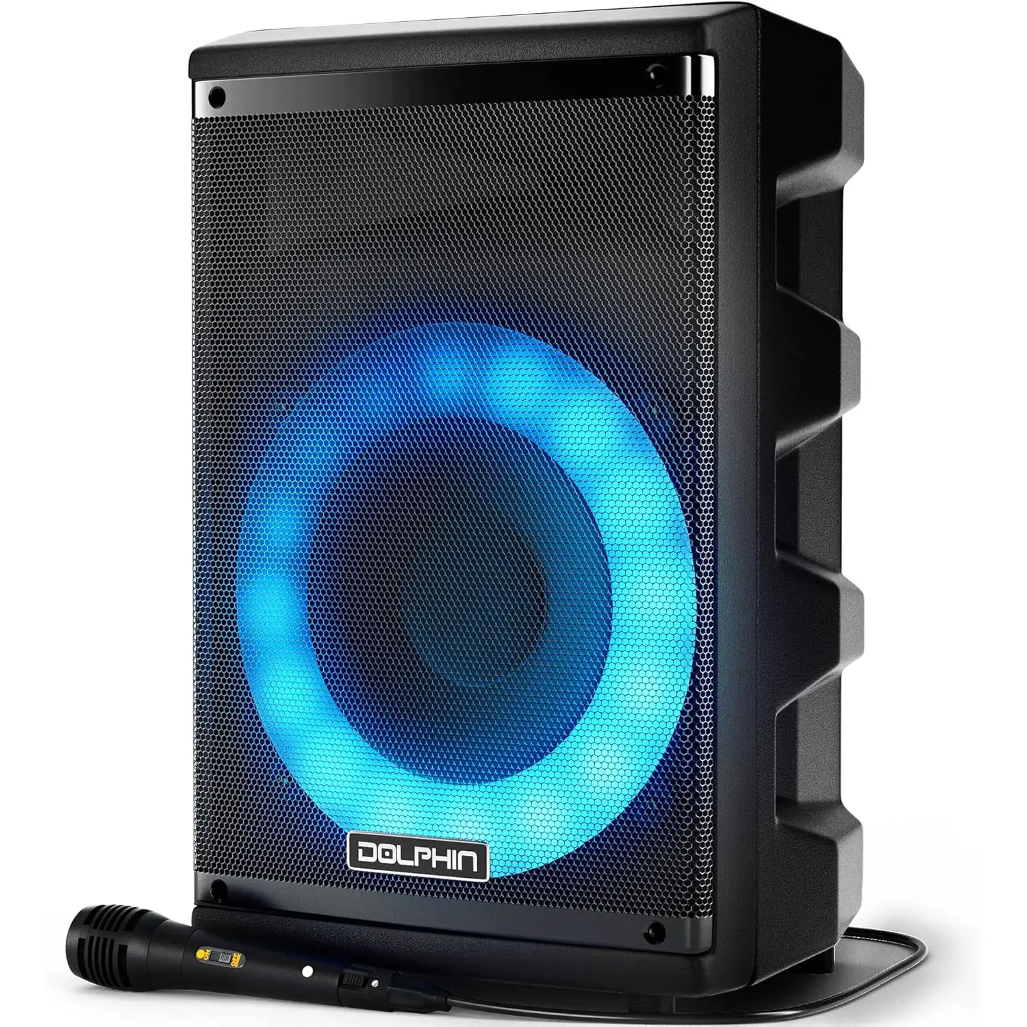 Dolphin Bluetooth Karaoke Party Speaker System with Dynamic Spin LED Lights and Microphone
