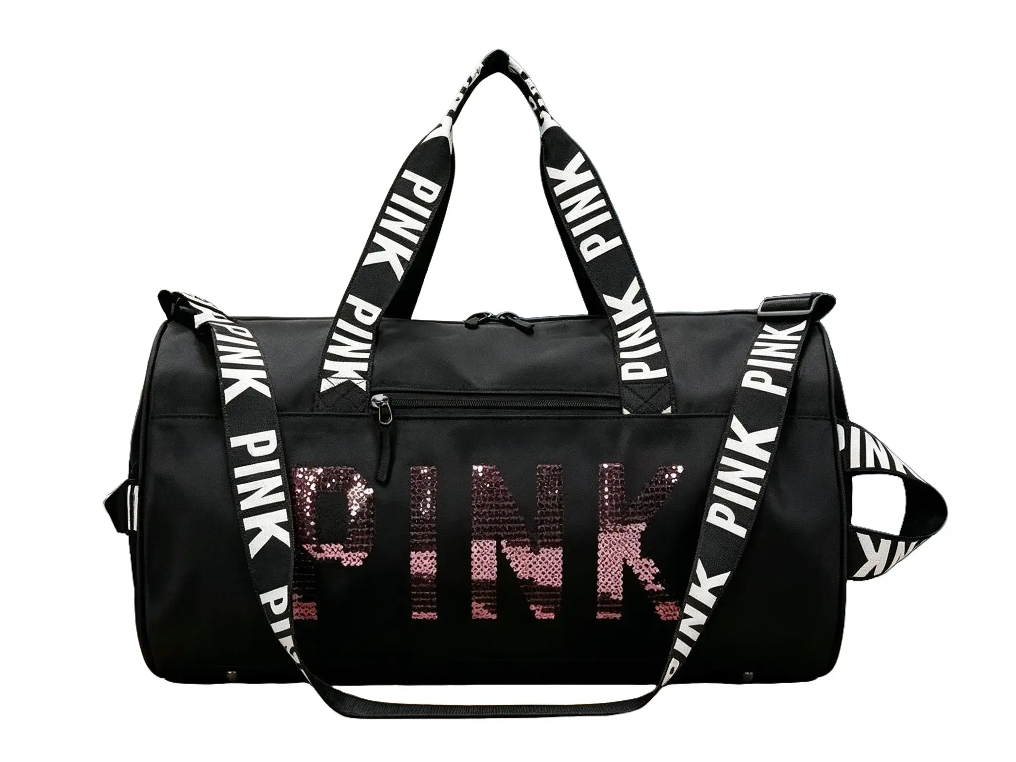 Trendy Black PINK Logo Sequin Duffle Bag - Versatile Sport-Inspired Weekender, Workout, Training Bag with Sports Shoulder Design for Gym Use, Workout Sport Bags, Sports Shoulder Bag