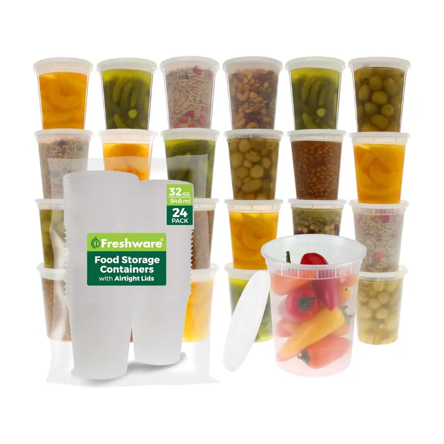 24-Piece Food Storage Containers with Lids, 32 oz Plastic Deli Containers, Meal Prep Containers, Stackable, Leakproof, Microwave, Dishwasher & Freezer Safe