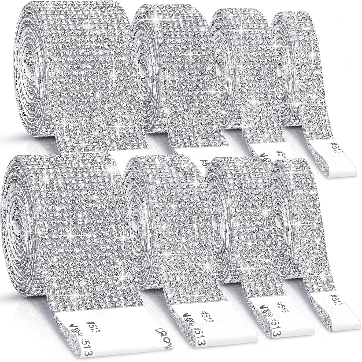 8Rolls Self Adhesive Crystal Rhinestone Ribbon Diamond Bling Ribbons Wrap Mesh Glittering Sticker Roll for Arts Crafts Wedding Birthday DIY Event Car Phone Decoration