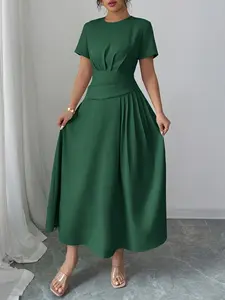 Elegant Women's Short Sleeve Dress, Pure Color Simple Design, Fashionable Casual Wear, Perfect for Daily