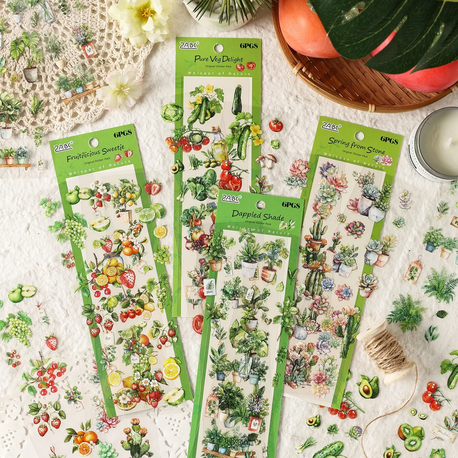 6 Sheets/bag Pet Art Stickers, Natural Light Series Plant Flower Fruit Theme, Journal Supplies Water Bottle Decoration Stickers