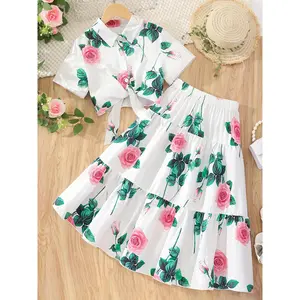 Refreshing Spring & Summer: Girls 2pcs Tie Knot Collared T-Shirt Top + Bohemian Print Skirt Vacation Two-piece Summer Outdoor Set