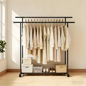 Double-Rod Movable Metal Clothes Rack with Wheels Side-Mounted Extension Rods for Bedroom Laundry Room Living Room Rolling Design Sturdy Hanger Organizer