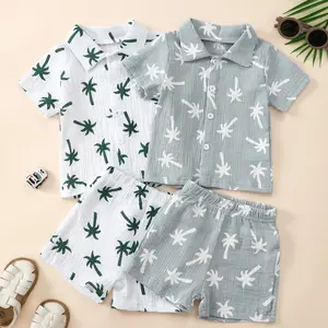 Toddler Boy Tropical Beach 2-Piece Set: White Palm Tree Print Button-Down Shirt & Matching Shorts ZGD045-A