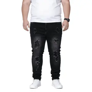 Plus Size Men's Distressed Jeans- Black Washed Slim Fit Denim Pants, Vintage Street Style Oversized Trousers, PLUS SIZE Low Rise Raw Hem Shorts Fleece Lined Jeans Streetwear Grey Embroidered Rhinestone Casual Retro Camouflage Double versatile casual wear