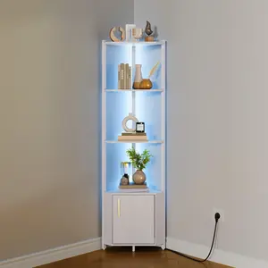 Garvee 5 Tier Corner Shelf Stand with LED Light, 57''Tall Metal Frame Corner Shelf with Wood Shelves, Standing Shelf Organizer for Living Room, Bedroom, Kitchen, Bathroom |  for Home Office, Entryway