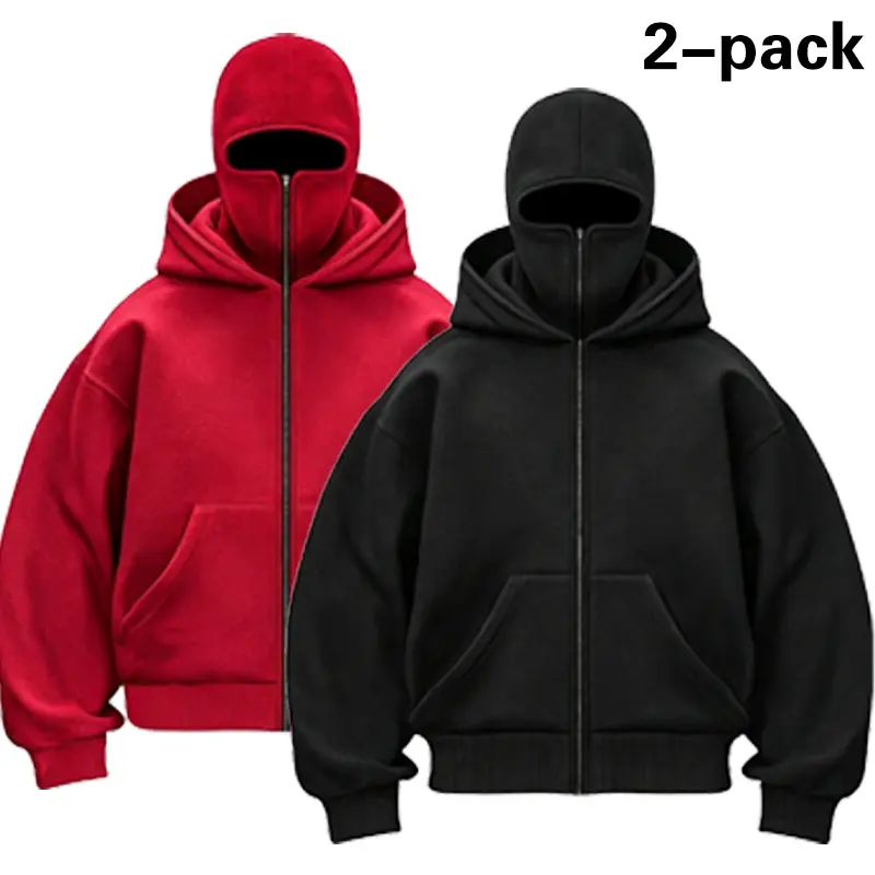 Men's Unisex Full-Zip Double Hood Balaclava Jacket, Oversized Cropped Casual Long Sleeve Streetwear Hooded Sweatshirt with Kangaroo Pocket, Multi-Color Light Tops
