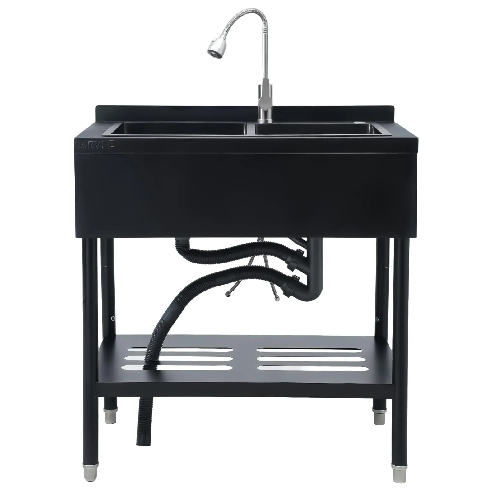 Freestanding Stainless Steel Utility basin – Single Bowl, Pull-Down Faucet, Drainboard, Wash Board, Storage Shelf, Adjustable Legs – For Laundry, Kitchen, Garage, Indoor & Outdoor Use, Black