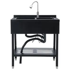Freestanding Stainless Steel Utility basin – Single Bowl, Pull-Down Faucet, Drainboard, Wash Board, Storage Shelf, Adjustable Legs – For Laundry, Kitchen, Garage, Indoor & Outdoor Use, Black