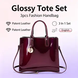 Women's Glossy Patent Leather Tote Bag 3 In 1 Set, Luxury Large Capacity Shoulder Crossbody Handbag with Zipper Closure, Elegant Shiny Purse for Office Work Daily Use Shopping Travel, Ideal Gift for Her Women Girls Birthday Christmas Mother's Day