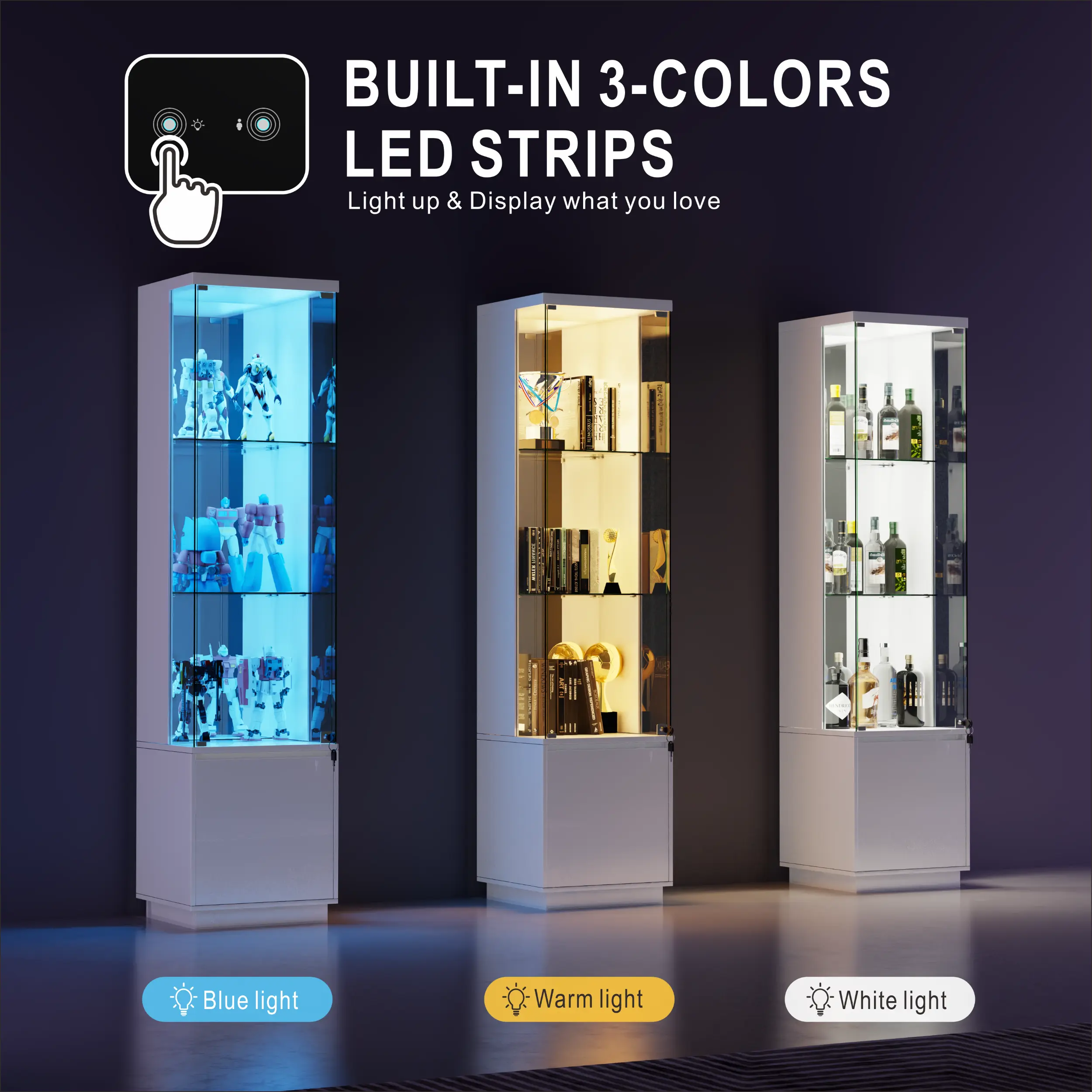 MIU Lockable Curio Display Cabinet with Glass Door,65" Lighted Curio Cabinet with 3 Color Lights for Collectibles,3-Tier Glass Display Case with Human Body Sensor for Living Room,White/Black