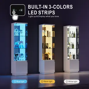 MIU Lockable Curio Display Cabinet with Glass Door,65" Lighted Curio Cabinet with 3 Color Lights for Collectibles,3-Tier Glass Display Case with Human Body Sensor for Living Room,White/Black