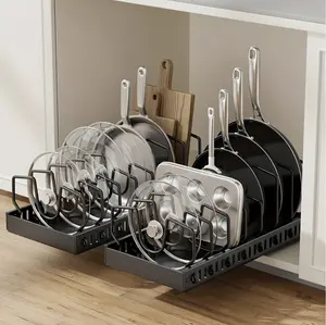 Pull Out Pot Lids Organizer Rack, 2pcs Pots And Pans Organizer for Under Cabinet, Pot Lid Holder with 8 Adjustable Compartment for Kitchen Cabinet Cookware Baking