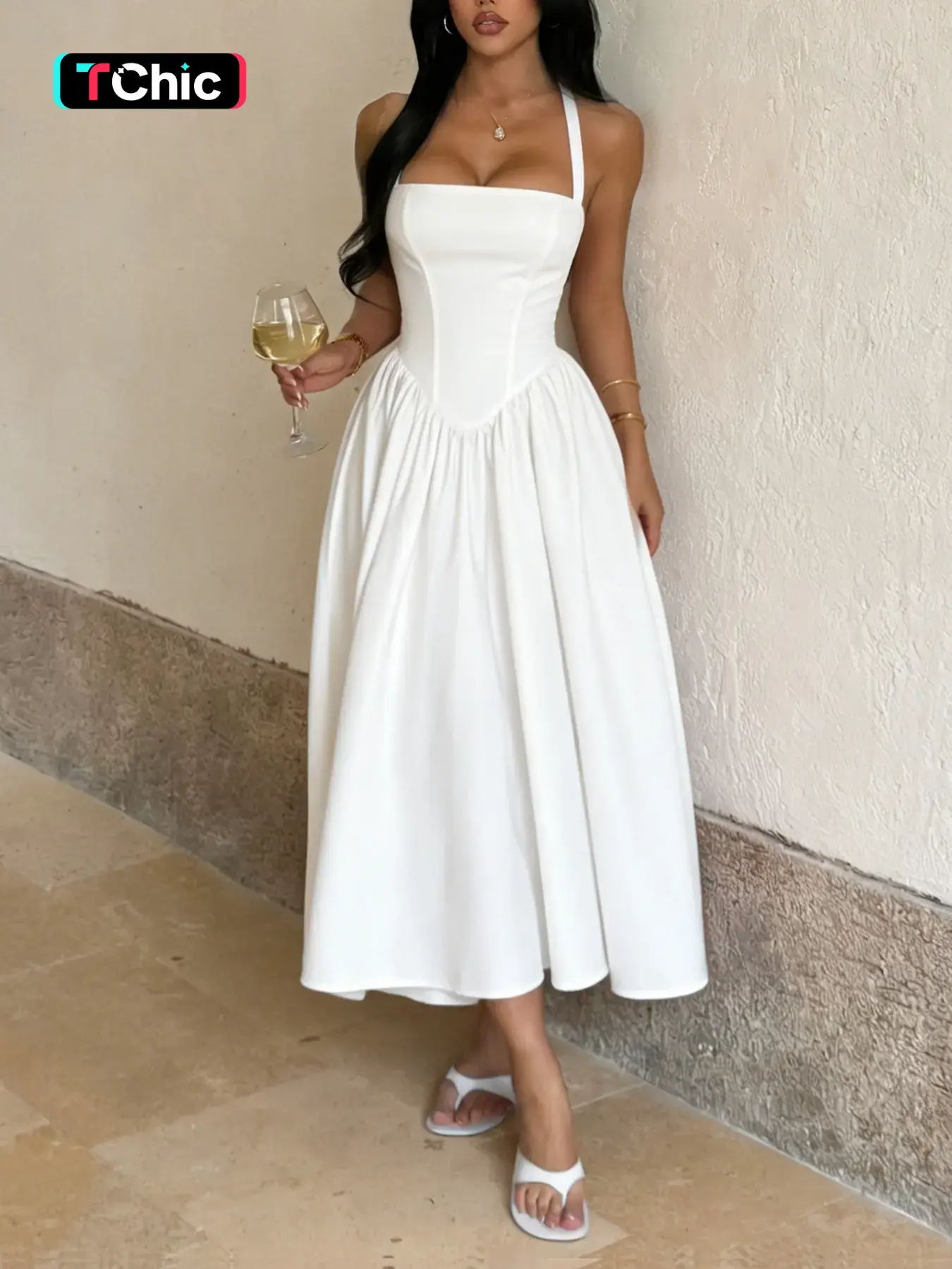 Elegant Strapless Sleeveless Halter Neck A-Line Dress, Casual Plain Long Skirt for Women, Slim-Fitting Daily Wear, Chic, Comfortable & Minimalist, Casual Elegance Style, Casual Light Sundress
