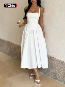 Elegant Strapless Sleeveless Halter Neck A-Line Dress, Casual Plain Long Skirt for Women, Slim-Fitting Daily Wear, Chic, Comfortable & Minimalist