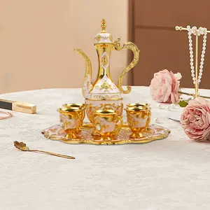 Turkish Tea Set, Vintage Turkish Coffee Set with Pot and 6 Cups for Home Decor Birthday Christmas Housewarming Wedding gold White