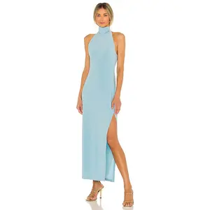 Norma Kamali Halter Turtle Side Slit Gown in Powder Blue
