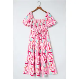 Yuli Pink Brushed Printed Smocked Ruffle Tiered Dress Casual Fabric Soft Women's Day Elegance Feminine Style