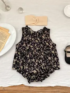 Summer Baby Girls Floral Ruffle Neck Sleeveless Top with Ruffled Romper Shorts 2-Piece Set, Cute Infant Summer for Toddlers