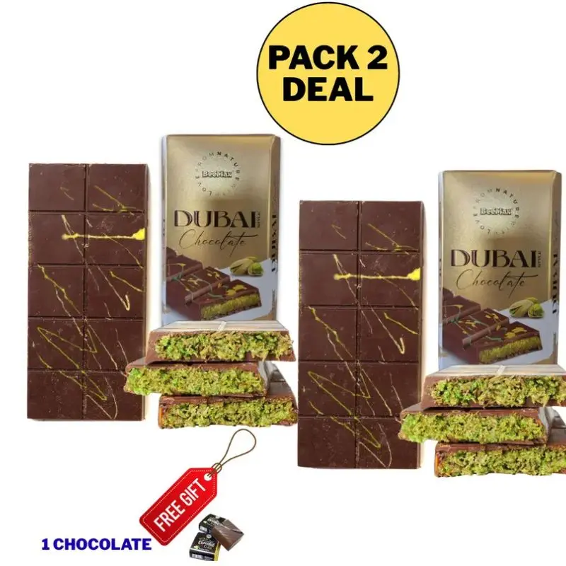 2 pack authentic Dubai-Style Chocolate Bar | 7 oz of Luxurious Middle Eastern Indulgence | Premium Milk Chocolate, Golden Kadayif Crisps, Velvety Tahini & Hand-Harvested Pistachios – Imported from Turkey Snack Bonbon