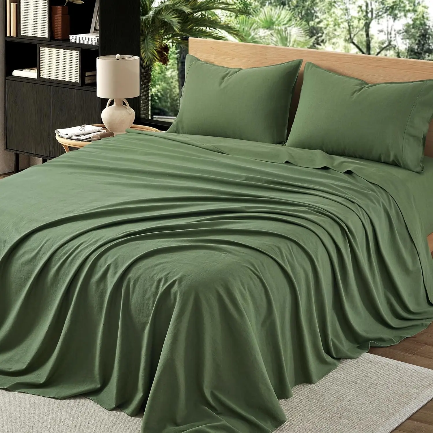 4 count  Linen Sheets  Size,   Linen from Normandy, Breathable Forest Green  Sheet Set with 16 Inch Deep Pocket, 1 Flat Sheet, 1 Fitted Sheet, 2 Pillowcases