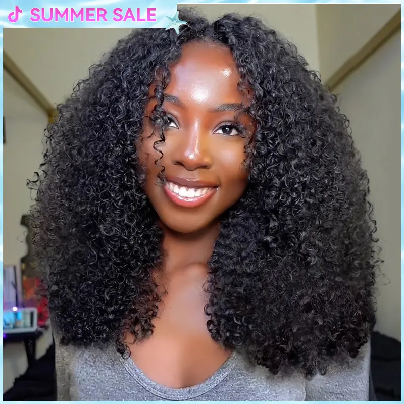 Vshow Kinky Curly Hair V Part Human Hair Wig With Drawstring All Size Fit 250% Density Glueless V Part Wig For Black Women Natural Blend Kinky Curly Wigs #DealsForYouDays