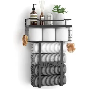 Wall Mounted Towel Rack for Bathroom - Bath Storage Holder Set Above Toilet, Rolled Towel Shelf Organizer,  Vertical Rack for Small Bathroom Decor, Black