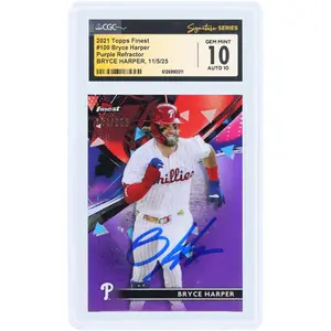 Bryce Harper Philadelphia Phillies Autographed 2021 Topps Finest Purple Refractor #100 #/250 CGC Fanatics Witnessed Authenticated 10/10 Card - Fanatics Authentic Certified